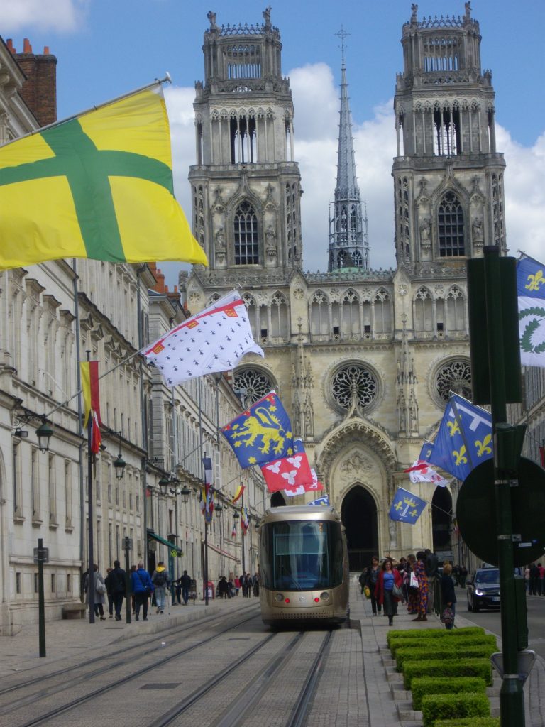 Holy Cross cathedrale of Orléans (Loiret, France) : western facade and tramway