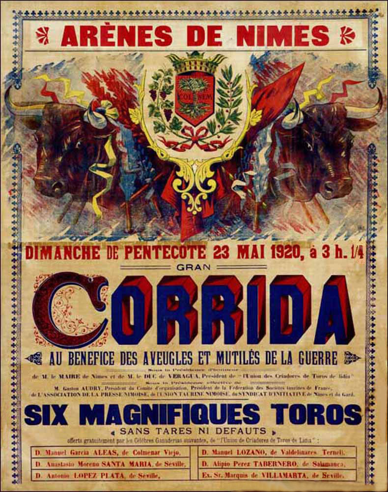 Affiche vintage de la féria de Nîmes, corrida aux arènes romaines