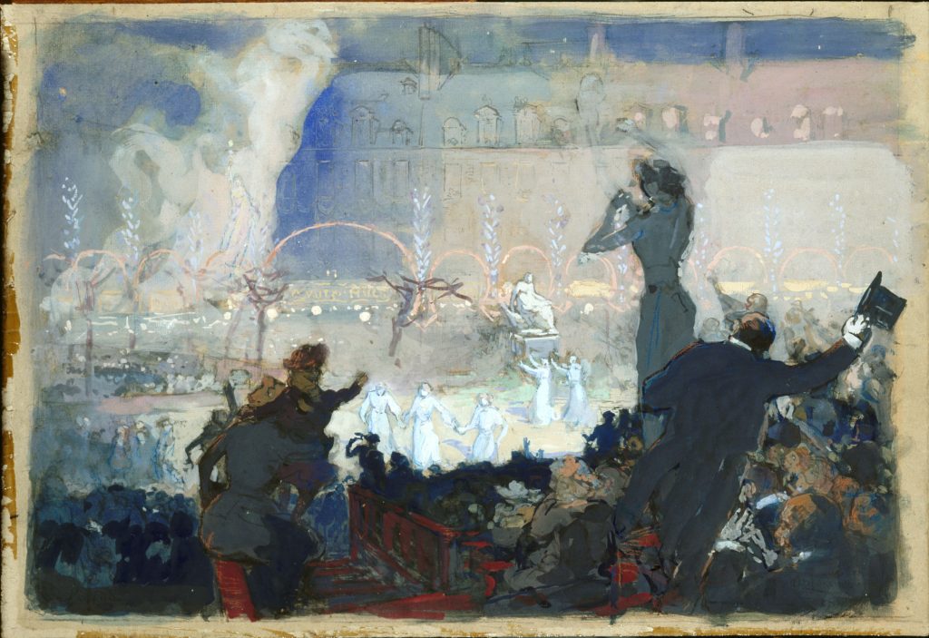 Peinture d'une fête nocturne : foule, rondes de danseuses en blanc et façades illuminées