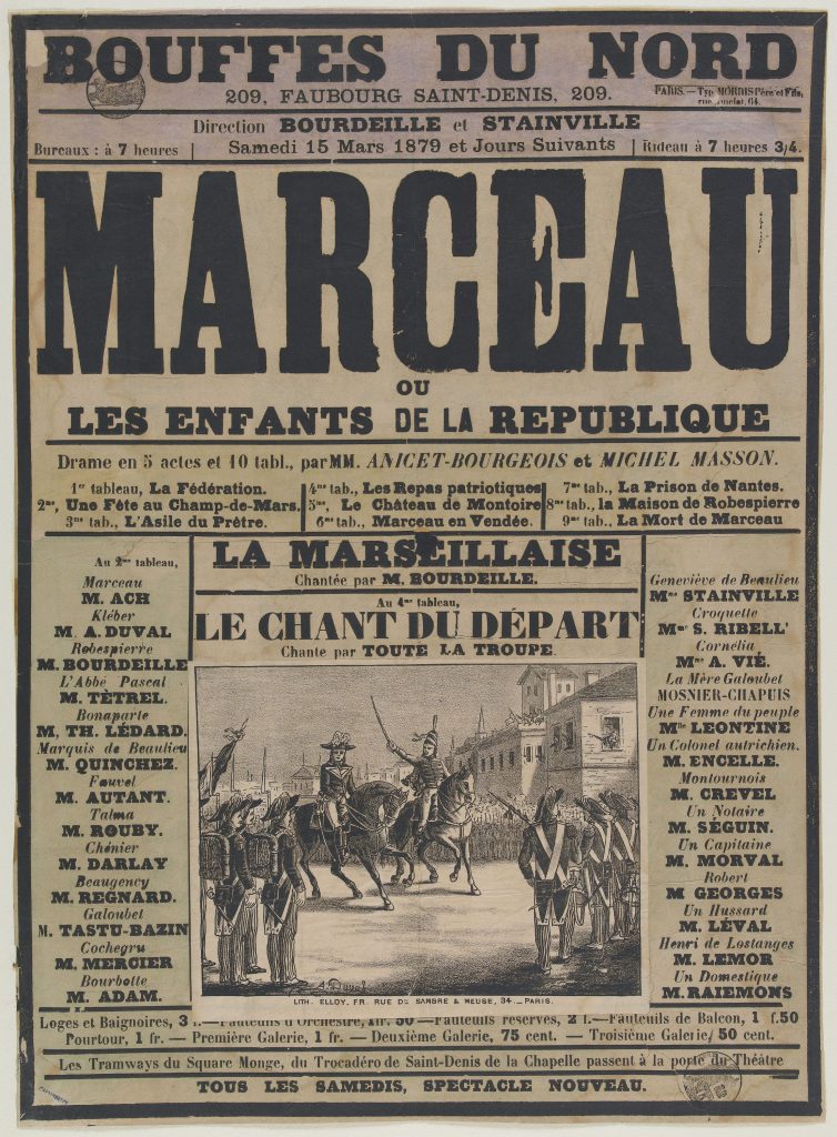 Affiche de théâtre ancienne du Bouffes du Nord annonçant le drame Marceau, 1879