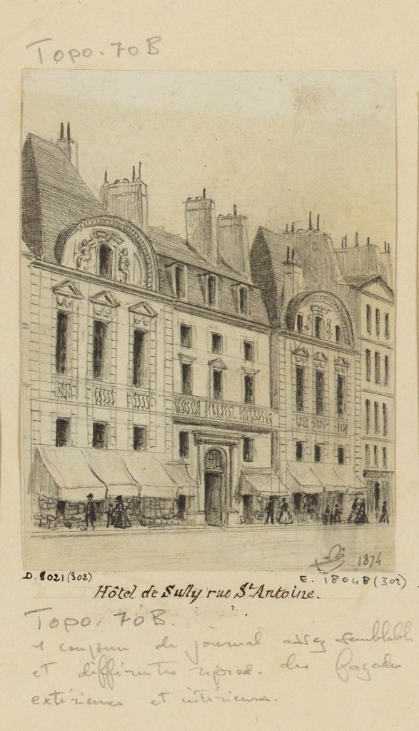 Dessin ancien de la façade de l'hôtel de Sully rue Saint-Antoine, passants et boutiques