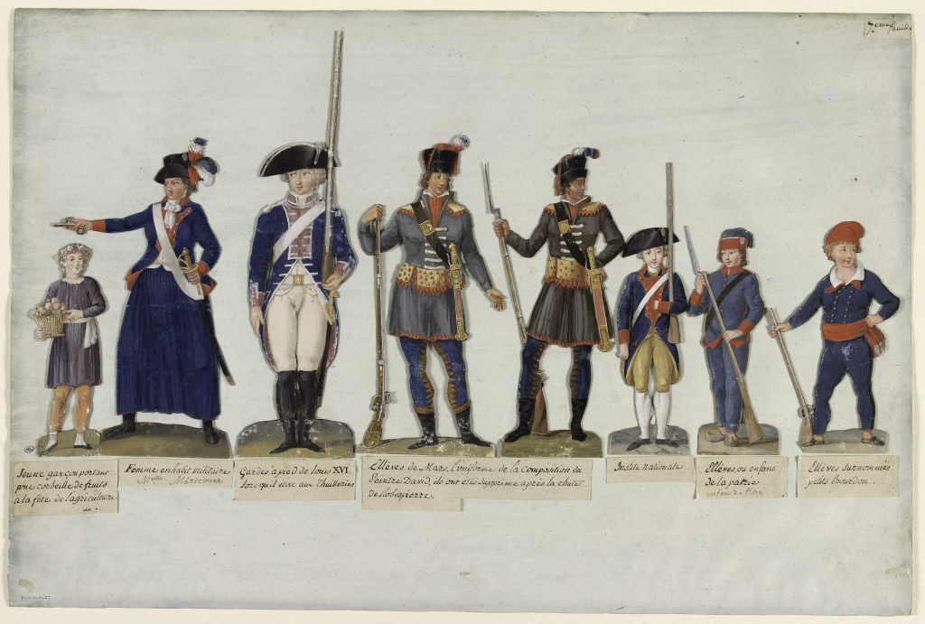Planche aquarellée de huit costumes révolutionnaires français, personnages découpés et légendes manuscrites
