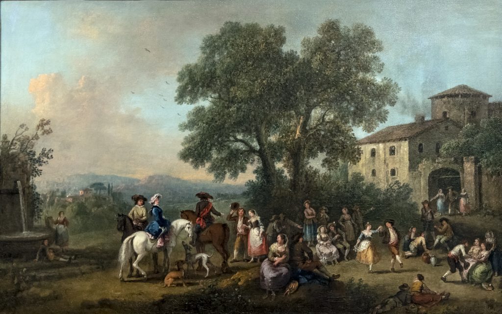 Peinture ancienne : fête villageoise, danseurs, cavaliers et paysans réunis devant une ferme