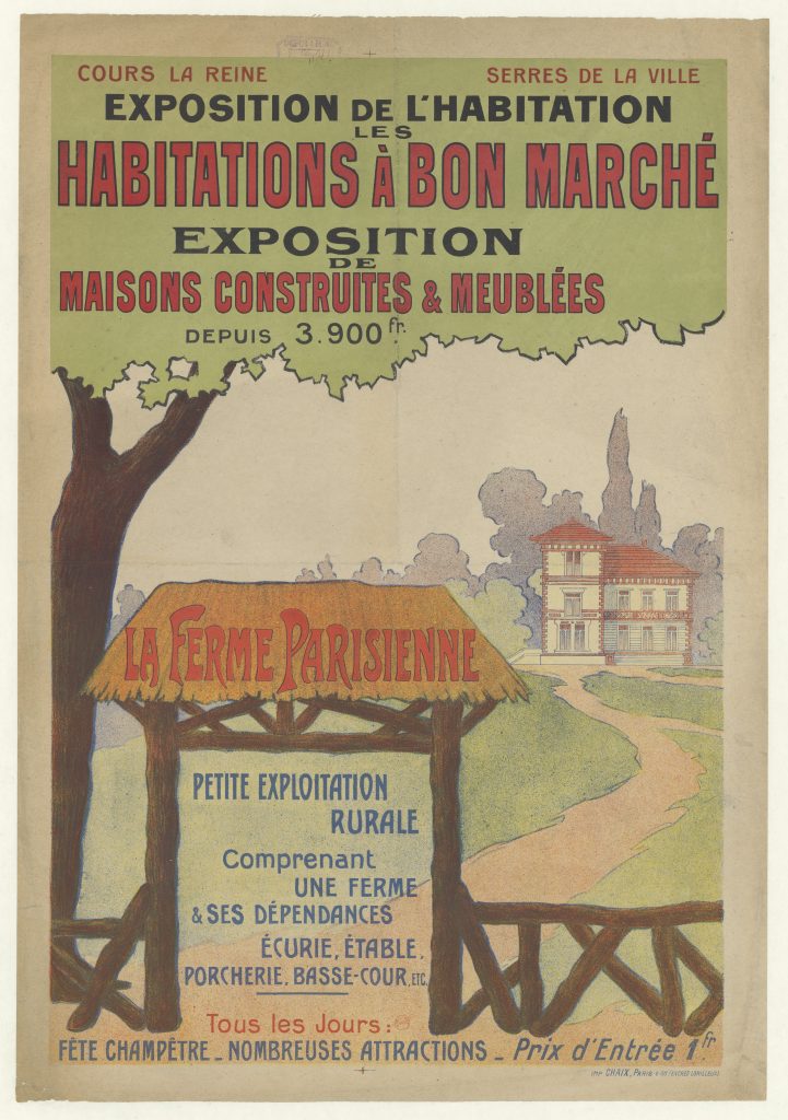 Affiche ancienne illustrée d'une ferme au toit de chaume et d'une maison de campagne