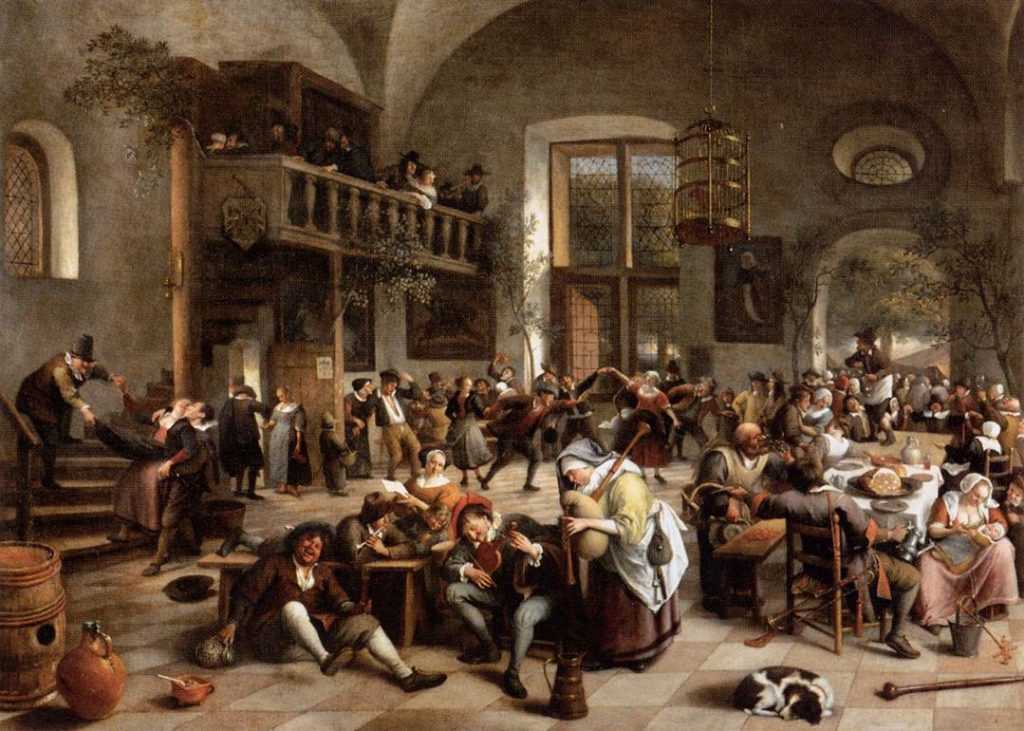 Peinture ancienne : bal et banquet villageois dans une salle voûtée, joueur de cornemuse