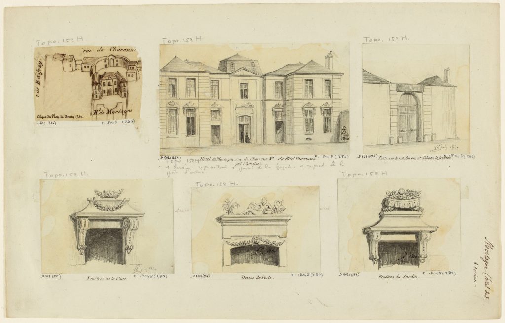 Planche de dessins anciens d'un hôtel particulier : façade, portail, cheminées et plan annoté