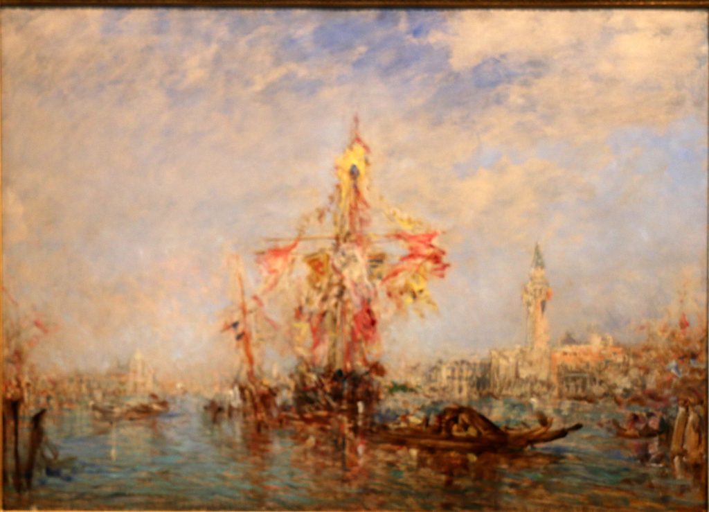 Peinture impressionniste d'un voilier pavoisé sur la lagune de Venise, gondoles au premier plan