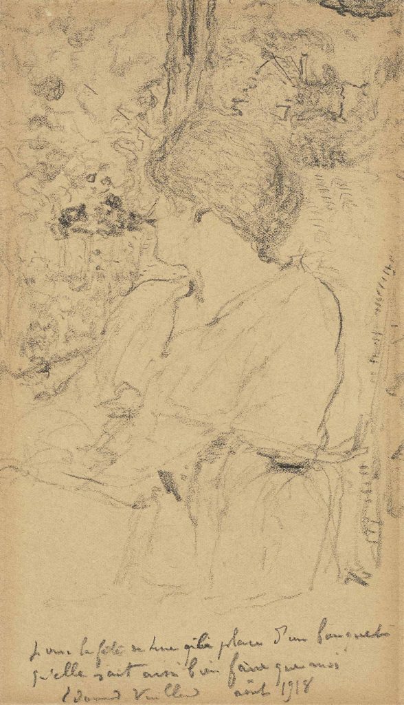 Dessin au crayon d'une femme de profil assise, avec dédicace manuscrite datée 1918