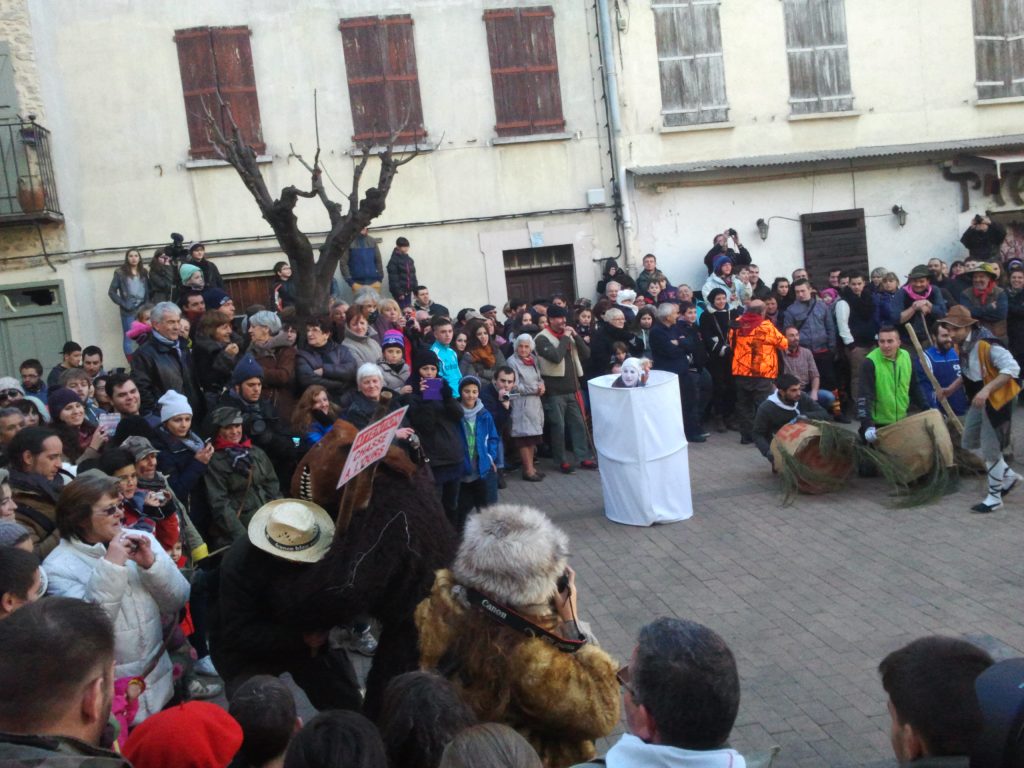 Foule dense dans une rue de village autour de personnages costumés lors d'un carnaval