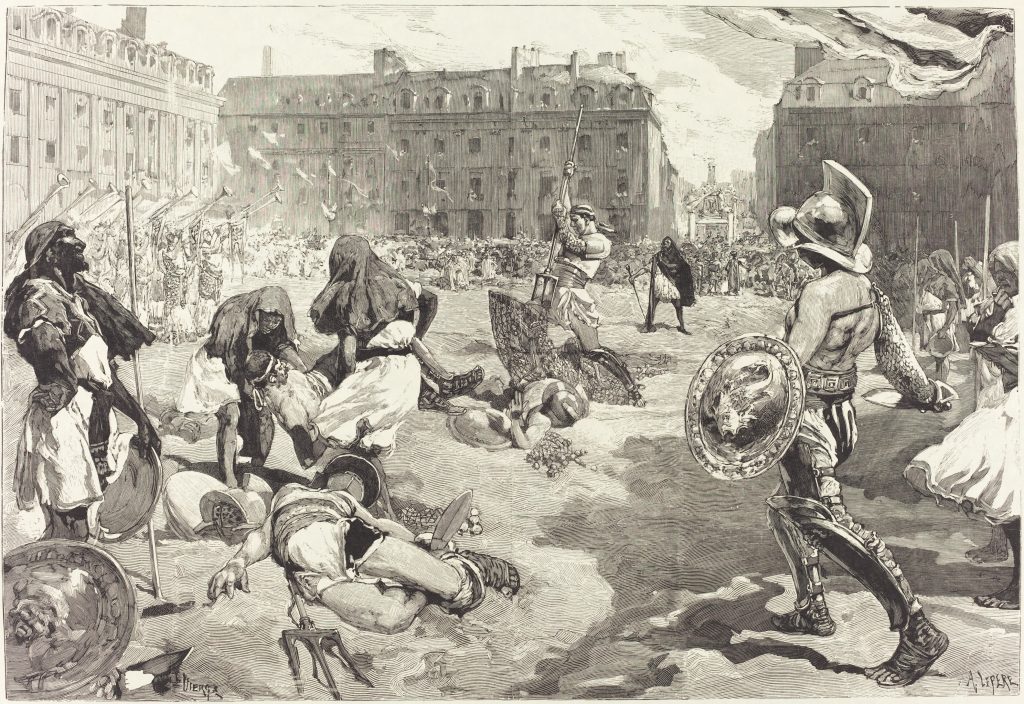 Gravure ancienne : gladiateurs et blessés dans une arène antique devant une foule