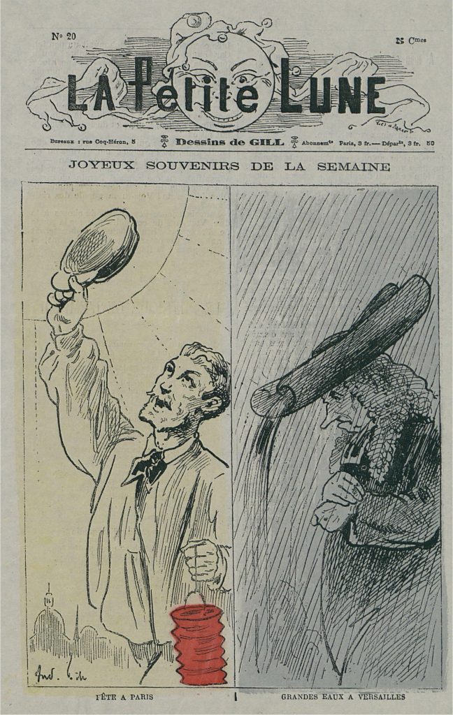 Une du journal satirique La Petite Lune, deux caricatures : fête à Paris et pluie à Versailles