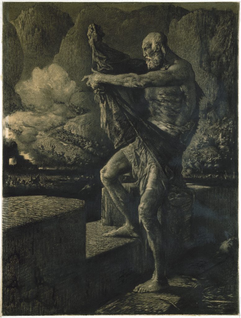 Homme âgé barbu et musclé tendant une étoffe, paysage montagneux sombre, dessin sépia