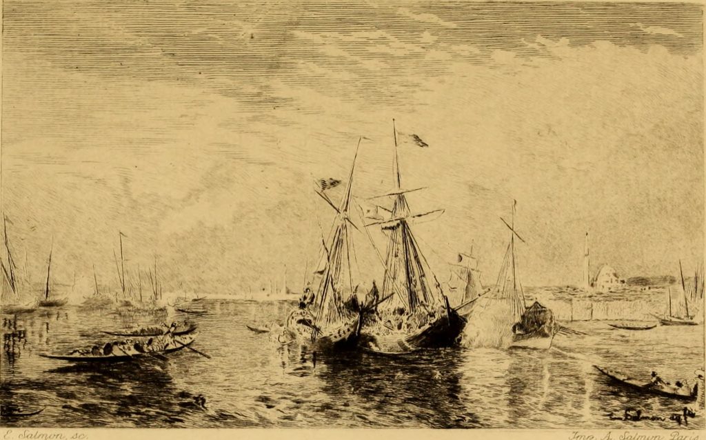 Gravure ancienne sépia : voiliers à mâts et barques amarrés dans un port calme
