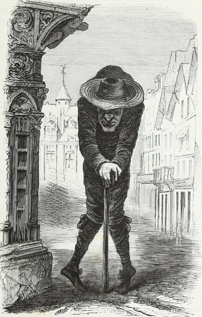 Gravure ancienne d'un homme voûté au grand chapeau, appuyé sur un bâton, ruelle médiévale