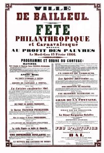 Affiche de 1866 annonçant la fête philanthropique et carnavalesque de Bailleul, programme du cortège