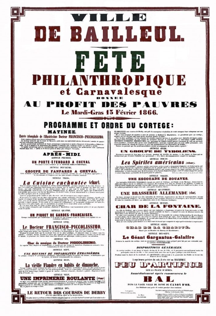 Affiche de 1866 annonçant la fête philanthropique et carnavalesque de Bailleul, programme du cortège