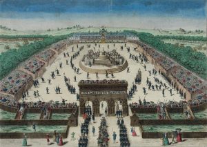 Gravure ancienne colorisée d'une grande fête révolutionnaire au Champ-de-Mars, foule et arc de triomphe